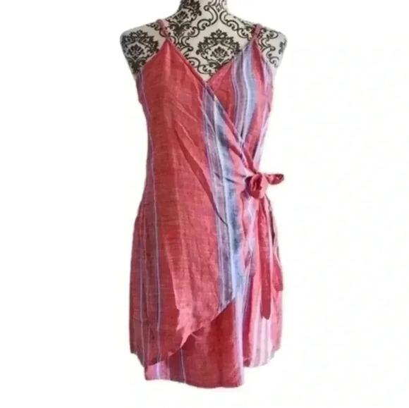 Lulus Xali Red Coral Striped Sleeveless Wrap Mini Dress Blue White Women's Large - Picture 3 of 13
